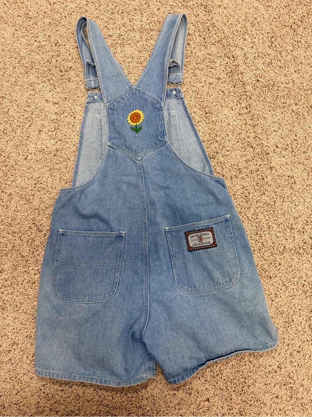 Vintage Denim Sunflower Embroidered Short Overalls - Blue - Picture 9 of 10
